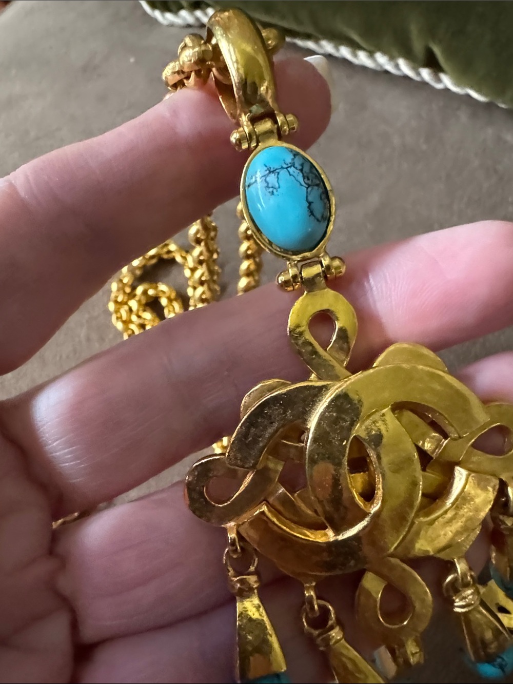 Channel RARE Gold Pendant Necklace w Turquoise Beads A Beauty 24k Gold Plated - Picture 7 of 9